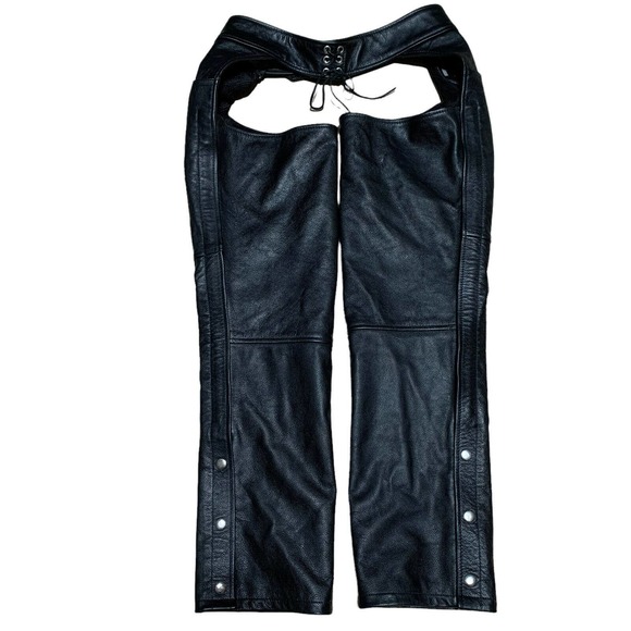 Thick Leather! Biker Chaps First MFG Co Unisex Vintage Biker Chaps Black Mens XS - Picture 2 of 11
